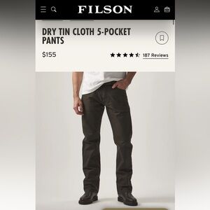 FILSON DRY TIN CLOTH 5-POCKET PANTS 33x34 in Raven